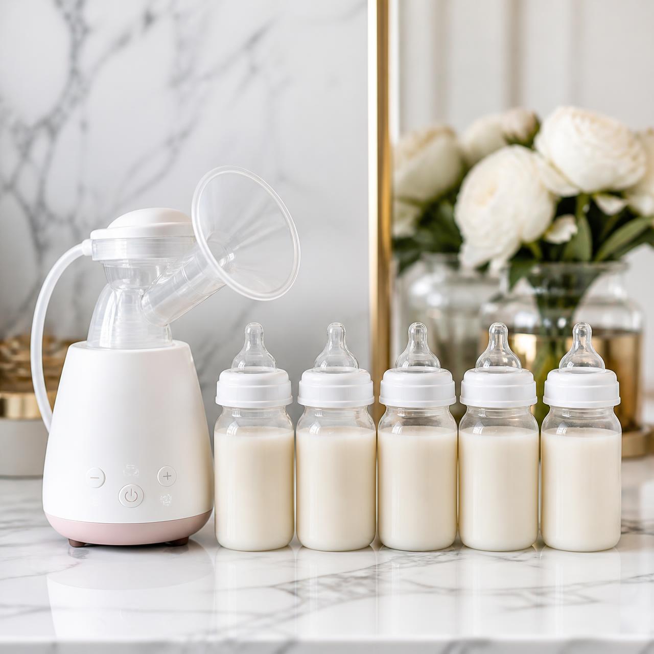 Premium electric breast pump beside five feeding bottles filled with breastmilk on marble