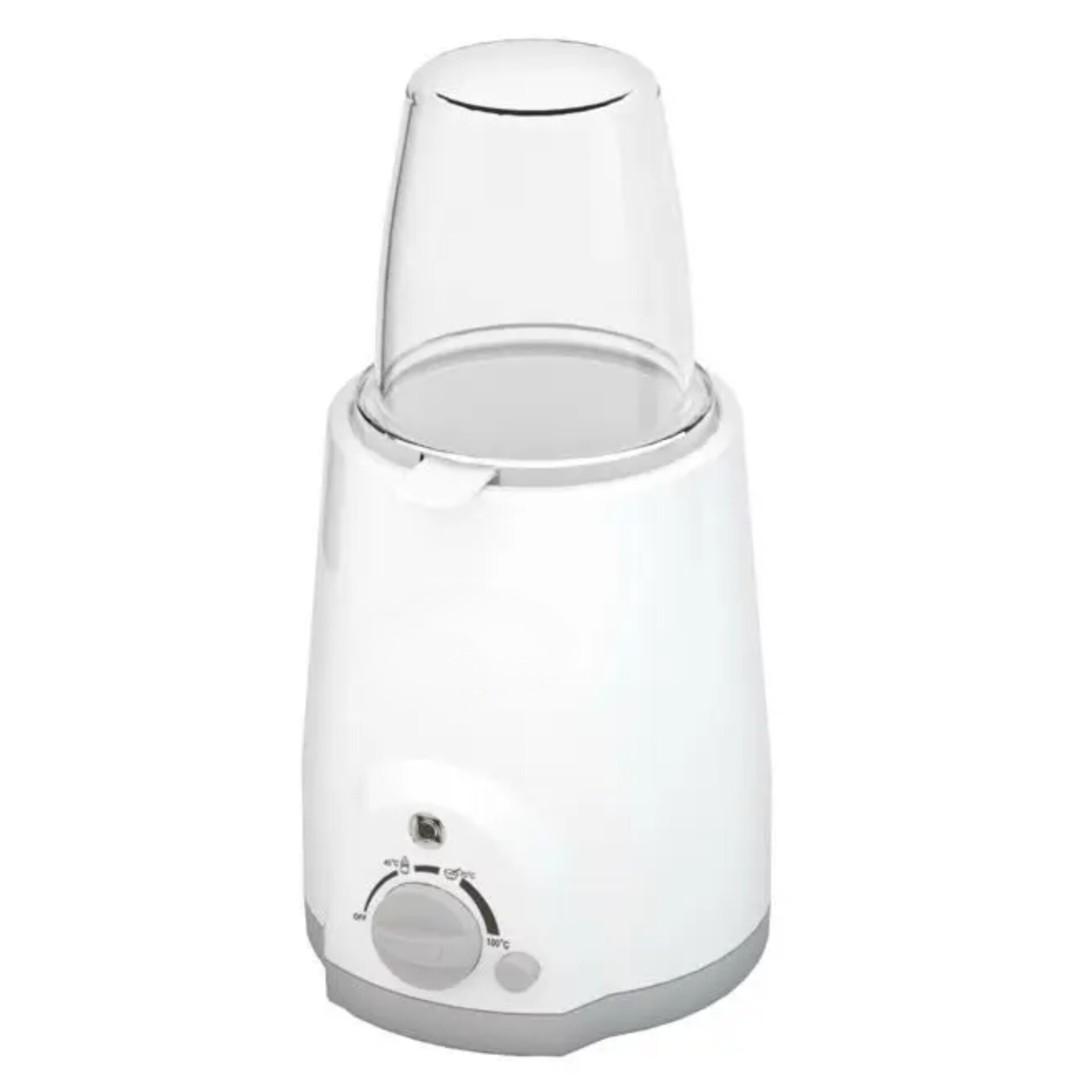 White electric baby bottle warmer with rotary temperature dial and clear bottle chamber